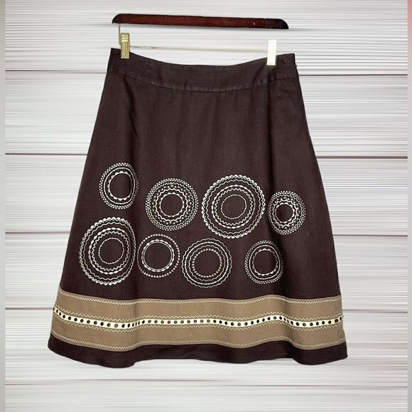 TALBOTS Vintage A-Line Chocolate Brown Linen Embroidered Knee Length Skirt US 8 - Picture 3 of 11